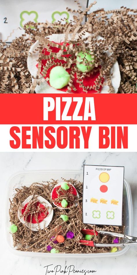 Text that says pizza sensory bin. Above and below are images of a sensory bin with felt pizzas, pompoms, printable pizza order cards, and shredded paper. Play Food Sensory Bin, Food Sensory Activities Preschool, Pizza Sensory Play, Sensory Bin Recipe Cards, Sensory Food Activities, Pizza Week Preschool, Donut Sensory Bin, Pizza Sensory Bin, Pizza Crafts For Toddlers