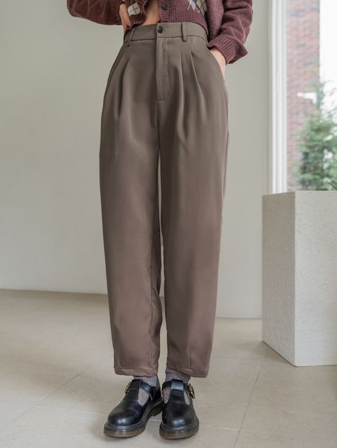 Mocha Brown Elegant Collar  Polyester Plain Tapered/Carrot Embellished Non-Stretch  Women Bottoms Carrot Trousers Outfit, Carrot Pants Outfit, Carrot Trousers, Carrot Pants, Trouser Outfit, Women Bottoms, Mocha Brown, Women Pants, Pants Outfit