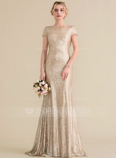 Trumpet/Mermaid Scoop Neck Sweep Train Sequined Evening Dress With Cascading Ruffles (017164911) - JJsHouse Gold Wedding Dress, Sequin Bridesmaid Dresses, Gold Sequins, House Dress, Sister Wedding, Model Dress, Fitted Dress, Sheath Wedding Dress, Ruffles