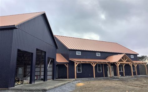 Black And Copper Metal House, Black And Copper Shop House, Barndominium Ideas With Big Garage, Barndominium Ideas Big Garage, Black And Copper Barndominium, Shop House Exterior Colors, Black Metal Building Homes, Beautiful Barndominiums, Black Barndominium Exterior