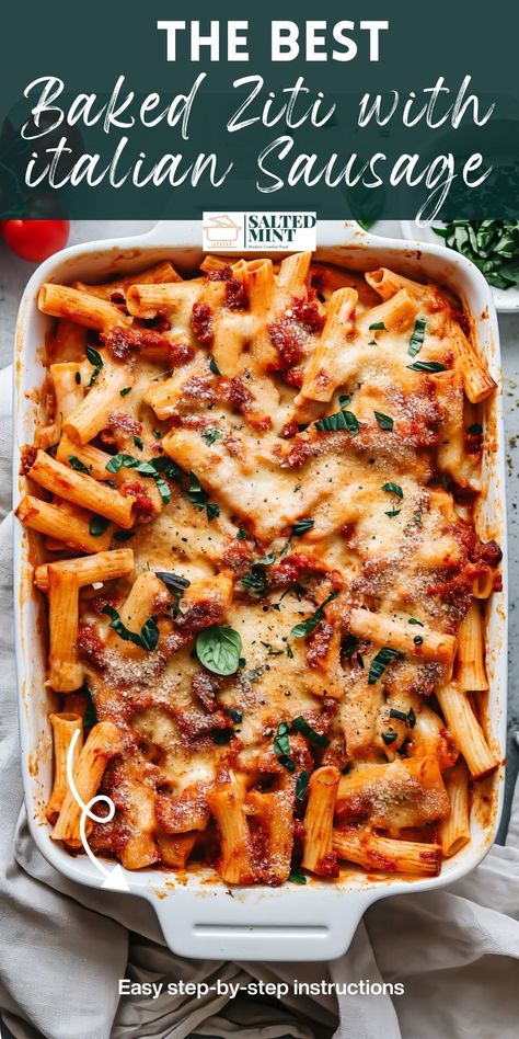 Enjoy an easy baked ziti with Italian sausage and three cheeses. A classic Italian-American favorite, perfect for comfort food ideas and family meals. One Pot Ziti With Sausage, Sweet Italian Sausage Pasta Recipes, Italian Sausage Ziti Bake, Baked Ziti With Italian Sausage And Beef, Recipes With Spicy Italian Sausage, One Pot Pasta Recipes Sausage, Casserole Pasta Recipes, Italian Sausage Baked Ziti, Best Baked Ziti Recipe Italian Sausages