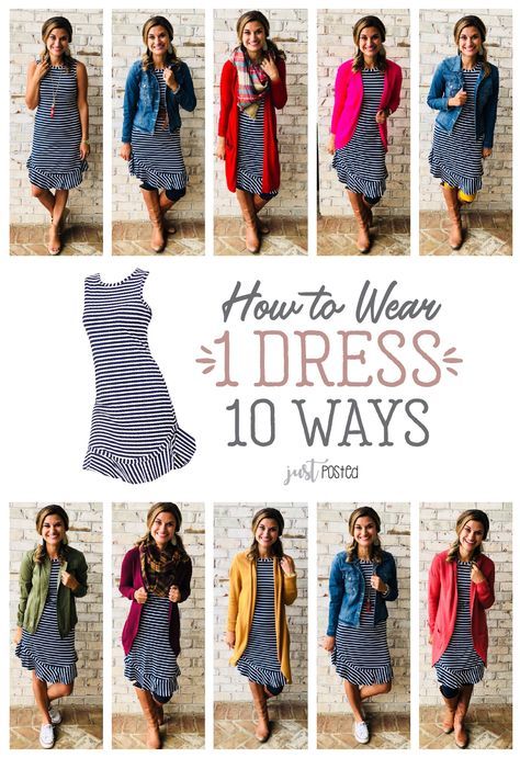 How to wear 1 striped navy dress 10 different ways! This navy striped dress can be worn and styled so many ways and for all the seasons! It is also a perfect piece for a capsule wardrobe! Navy Striped Dress Outfit, Wardrobe Hacks, Striped Dress Outfit, Navy Striped Dress, Minimalist Moda, Wardrobe Building, Geek Chic Fashion, Styling Outfits, Dressy Dress