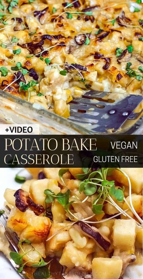 This creamy vegan potato bake recipe (also known as potato casserole or au gratin) with russet potatoes is easy to make because it doesn’t require slicing; it’s healthy gluten free and dairy free. Serve this vegan potato bake as a side dish or as a main dish: either way perfect for a large crowd. #veganpotatobake #potato #vegan #dairyfree #veganpotatorecipes #sidedish #thanksgiving Potato Reset Recipes, Gf Casserole, Potato Cleanse, Christmas Vegetarian, Vegan Thanksgiving Side Dishes, Vegetarian Casseroles, Vegan Casserole Recipes, Potato Bake Recipe, Vegan Casseroles