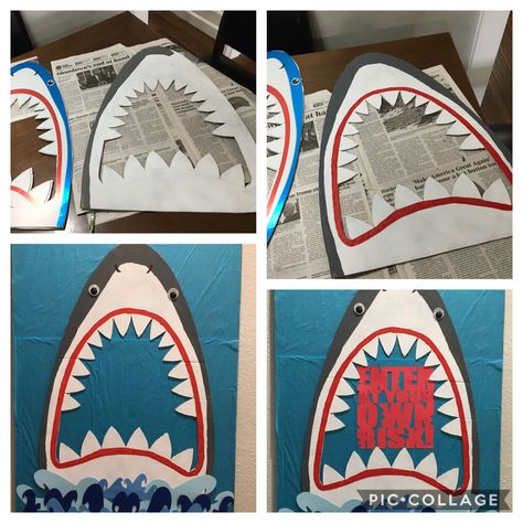 Backyard Beach Party, Shark Week Crafts, Trunker Treat Ideas, Shark Poster, Shark Week Party, Shark Party Decorations, Shark Craft, Under The Sea Decorations, Ocean Birthday Party