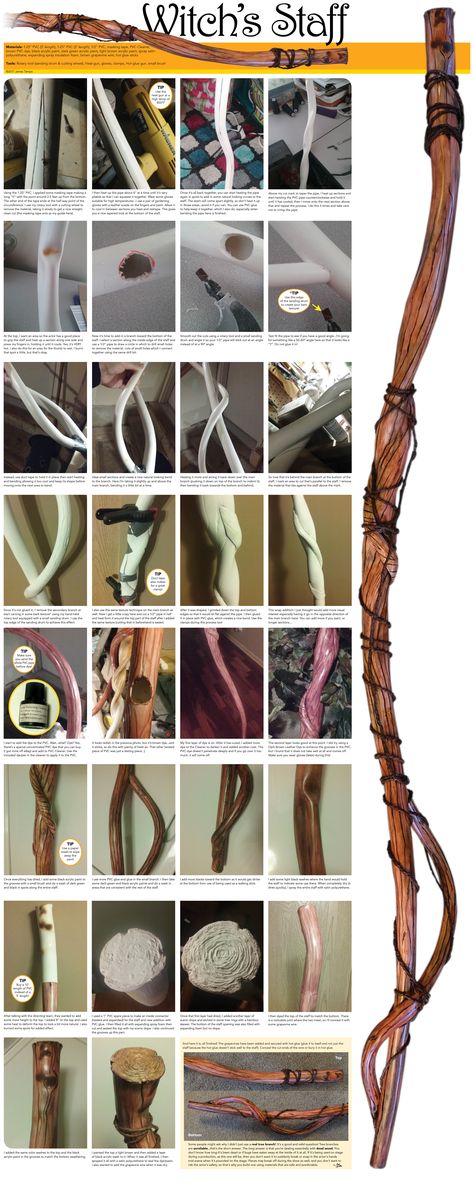 Witch or Wizard staff made from PVC pipe. Cosplay Staff Ideas, Witch Broom Concept Art, Witch’s Staff, Druid Staff Cosplay, Cosplay Staff Tutorial, Ren Faire Staff, Witches Staff Diy, Diy Druid Staff, How To Make A Wizard Staff