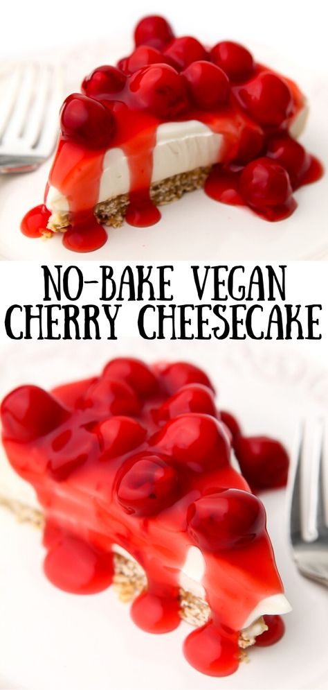 This easy no-bake vegan cheesecake topped with cherries is the perfect summertime dessert.  Quick and easy to make, yet beautiful and delicious enough for any holiday or special occasion. No Bake Vegan Cheesecake, Vegan Cheesecake Easy, Quick Cheesecake, Dessert Quick, Cherry Cheesecake Recipe, No Bake Cherry Cheesecake, Dairy Free Cheesecake, Cherry Delight, Vegan Cheesecake Recipe