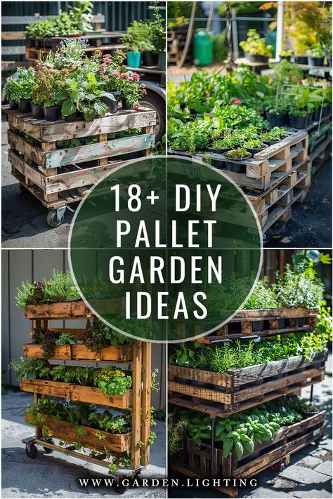 a collage of photos of a garden with wooden pallets and plants Pallet Veggie Garden Diy, Unique Raised Garden Beds Diy, Raised Gardens Out Of Pallets, Pallet Board Planters, Pallets Garden Ideas, Planting In Pallets, Using Pallets For Gardening, Pallet Trellis For Garden, Pallet Raised Garden Bed Diy