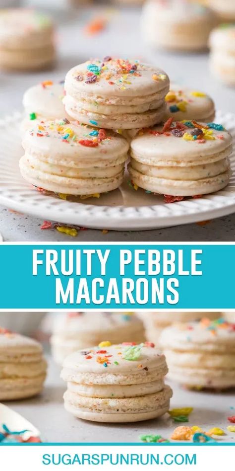 These Fruity Pebble macarons are a colorful, fun and fruity twist on classic macarons! My recipe includes lots of tips and tricks for full, flavorful, and flawless macarons! Classic Macarons, Fruity Pepples, Macaroons Flavors, Macaroon Cookies Recipe, Easy Macaroons Recipe, French Macaroon Recipes, Sugar Spun Run, Fruity Pebble, Fruity Pebbles Cereal