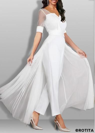 ROTITA Lightweight White Ankle Length Regular Split Neck Jumpsuit | Rotita.com - USD $37.98 Prom Pantsuit, Jumpsuit With Skirt, Corset Jumpsuit, Long Sleeve Corset, Solid Jumpsuit, Wide Leg Romper, Bridal Jumpsuit, Wedding Jumpsuit, Short Sleeve Jumpsuits