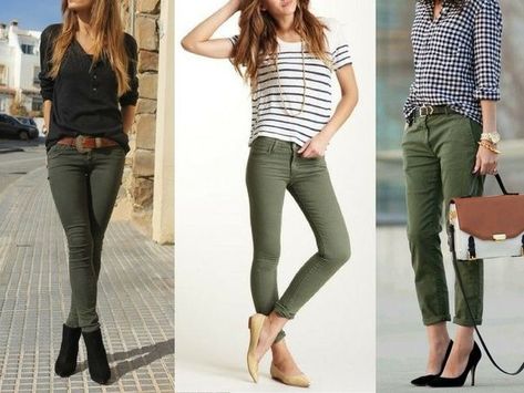 Pant Outfit Ideas, Green Jeans Outfit, Olive Pants Outfit, Olive Green Pants Outfit, Olive Green Outfit, Green Pants Women, Dark Green Jeans, Olive Green Shoes, Green Pants Outfit