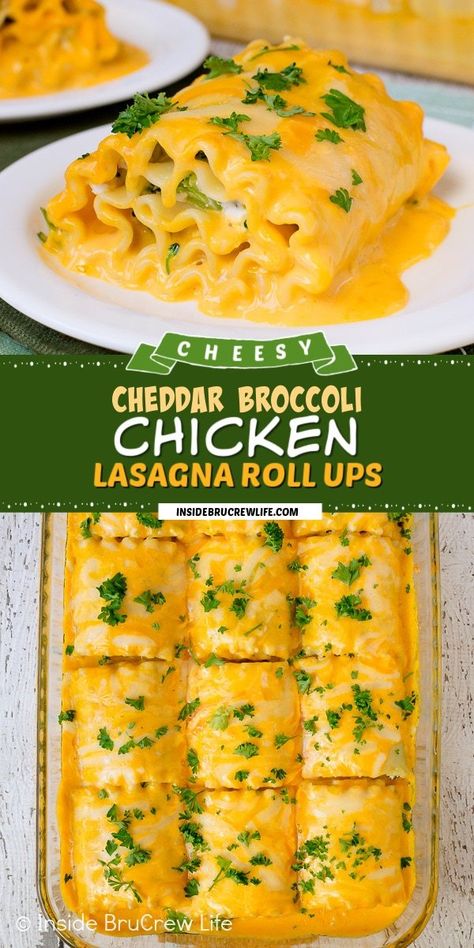 Cheddar Broccoli Chicken Lasagna Roll Ups - these easy lasagna rolls are filled with shredded chicken and veggies and covered in a creamy cheese sauce. Great dinner recipe to make on busy nights. Cheddar Broccoli Chicken Lasagna Rolls, Broccoli Lasagna Roll Ups, Lasagna Chicken, Chicken Lasagna Rolls, Pasta Lasagna, Cheddar Broccoli, Creamy Cheese Sauce, Cheese Pasta Recipes, Great Dinner Recipes