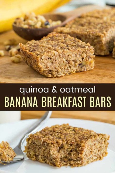 Quinoa Recipes For Kids, Banana Quinoa Breakfast Bars, Banana Quinoa, Gluten Free Breakfast Bars, Quinoa Breakfast Bars, Quinoa Bars, Oatmeal Vegan, Breakfast Bars Recipe, Quinoa Recipes Easy