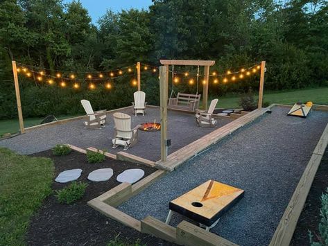 (10) Addicted to Cornhole | I do not have a level yard, so here is my solution for a cornhole playing area. | Facebook Cornhole Area, Swimming Pools Backyard Inground, Level Yard, Outdoor Yard Ideas, Outdoor Fire Pit Area, Diy Backyard Patio, Family Backyard, Backyard Swings, Backyard Remodel