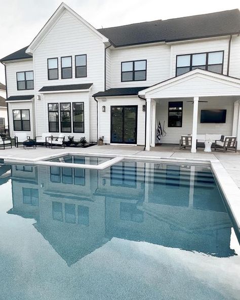 White Gunite Pool, Ice White Sandblasted Marble Pool Deck, White Pool Coping, Pebblesheen Pool Colors, Gunite Pool Colors, White House With Pool, Gunite Pool Ideas, Concrete Patio Furniture, House Black Windows