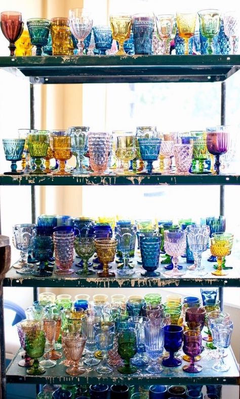 Wedding Glassware, Colored Glasses, Colored Glassware, Rainbow Wedding, Future Wedding Plans, Garden Party Wedding, Wildflower Wedding, Wedding Mood Board, Metal Shelves