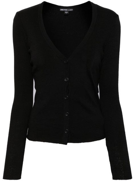 black cotton-cashmere blend ribbed knit V-neck front button fastening long sleeves straight hem Black Dress Cardigan, Cardigan Without Buttons, Cardigan Aesthetic, Knit Cardigan Outfit, Virgo Rising, Clothes Wardrobe, Black Wardrobe, Rib Knit Cardigan, Yoko London