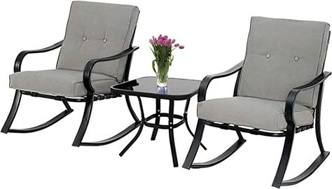 Black Swivel Chair, Black Metal Chairs, Outdoor Wicker Rocking Chairs, Iron Patio Furniture, Porch Chairs, 3 Piece Bistro Set, Outdoor Bistro Set, Patio Rocking Chairs, Glass Top Coffee Table