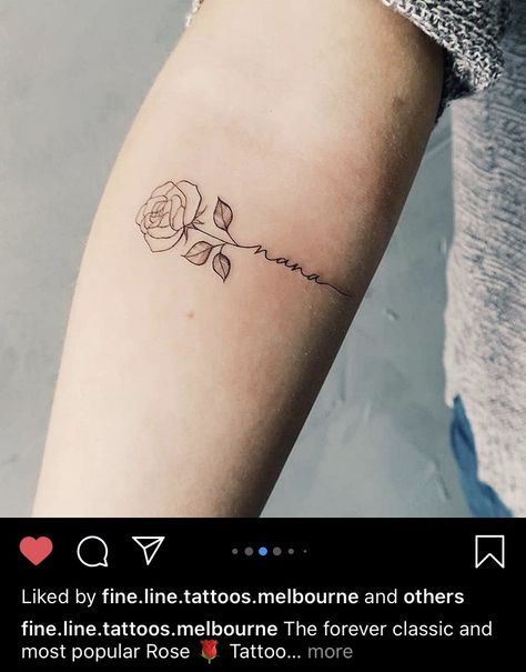 Fine Line Rose Tattoo, Line Rose Tattoo, Fine Line Rose, Rose Tattoo With Name, Writing Tattoos, Dad Tattoos, Line Tattoo, Name Tattoo, Name Tattoos