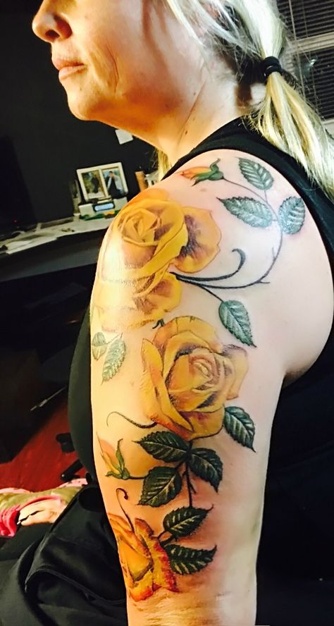 Yellow Rose Tattoos For Women, Yellow Roses Tattoo, Yellow Rose Tattoo, Rose Half Sleeve, Flower Cover Up Tattoos, Yellow Rose Tattoos, Rose Tattoo Thigh, Green Tattoos, Tribute Tattoos