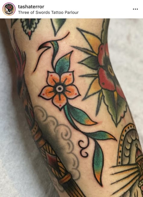 Traditional Filler Flower Tattoo, Long Filler Tattoo Traditional, Small Filler Traditional Tattoo, American Traditional Space Filler, Filler Tattoo Ideas Gap Stars, Trad Tattoo Filler, Gap Tattoo Filler, Trad Tattoo Gap Fillers, American Traditional Vine Tattoo