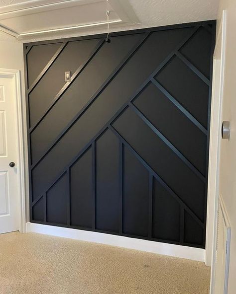 Black Matte And Glossy Accent Wall, Matte And Glossy Accent Wall, Black Accent Wall Stairwell, Black Textured Accent Wall, Accent Wall Game Room, Game Room Accent Wall, Black And Wood Accent Wall, Black Wood Accent Wall, Black Accent Wall Office