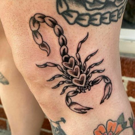 106 American Traditional Tattoo Ideas For A Timeless Look | Bored Panda Black Scorpion Tattoo, Traditional Scorpion Tattoo, Thigh Tattoo Designs, Scorpio Tattoo, Scorpion Tattoo, Tatuaje A Color, Tattoo Apprentice, Thigh Tattoos Women, American Traditional Tattoo