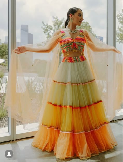 Multi Color Lehenga, Haldi Dress Ideas, Haldi Outfit For Bride, Haldi Ceremony Outfit, Haldi Dress, Haldi Outfits, Simple Frock Design, Bridal Lehenga Designs, Simple Lehenga