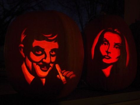 Gomez & Morticia Addams Pumpkin Carving Addams Family, Addams Family Pumpkin Carving, Addams Family Pumpkin, Family Pumpkin Carving, Gomez Morticia, Gomez And Morticia, Halloween Pumpkin Carving Stencils, Carving Stencils, Morticia Addams