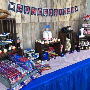 Baseball Concessions, Baseball Theme Birthday Party, Concessions Banner, Baseball Theme Birthday, Baseball Baby Shower Theme, Baseball First Birthday, Baseball Theme Party, Sports Baby Shower, Boys First Birthday Party Ideas