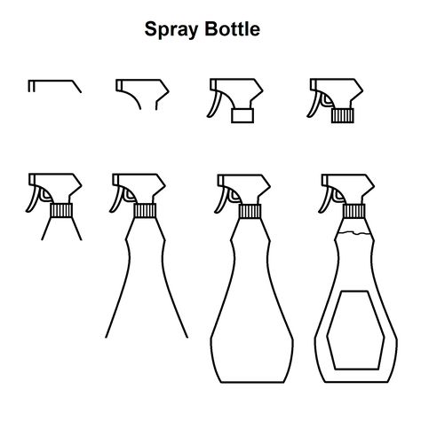 Step-by-step tutorial to draw a spray bottle. This method can be used for Windex and any other cleaning products. Spray Bottle Drawing, Draw Objects, Calendar Doodles, Orthographic Drawing, Doodle Art For Beginners, Art Stencils, Bujo Doodles, Bottle Drawing, Bottle Tattoo