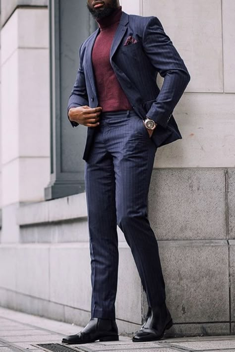 Suit With Sweater, Turtle Neck Suit, Fitted Blue Winter Suits, Blue Suit Turtleneck, Navy Blue Suit With Turtleneck Men, Blue Suit With Turtleneck Men, Navy Single-breasted Suit For Winter, Maroon Turtle Neck Outfit, Blue Suit Turtle Neck Men