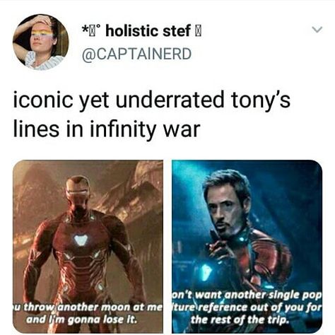 "You throw another moon at me and I'm gonna lose it." Classic Tony. Funny Superhero, Memes Twitter, Meme Twitter, Funny Marvel Memes, Twitter Funny, Movie Memes, Dc Memes, Dc Movies, Avengers Memes