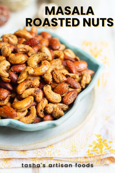 An image of spicy masala roasted nuts, an easy holiday snack Savory Nut Mix Recipe, Nut Mix Recipe, Easy Holiday Snacks, Nut Mixes, Roasted Nuts Recipe, Spiced Nuts Recipe, Nuts Recipes, Flavored Nuts, Spicy Nuts