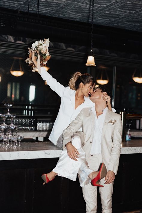 Wedding Couple Popping Champagne, Cityscape Wedding Photos, City Hall Wedding Philadelphia, Flash Photo Engagement Shoot, Courthouse Elopement Ideas, Bar Wedding Pictures, Boss Couple Photoshoot, Wedding Bar Photoshoot, Old Fashion Engagement Photos