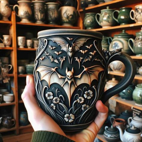 Handmade Coffee Mugs, Goth Ceramics, Halloween Ceramics Ideas, Ceramic Art Bat, Gothic Pottery, Halloween Pottery Mug Ideas, Bat Mug Pottery, Facts About Halloween, Skull Mug Pottery