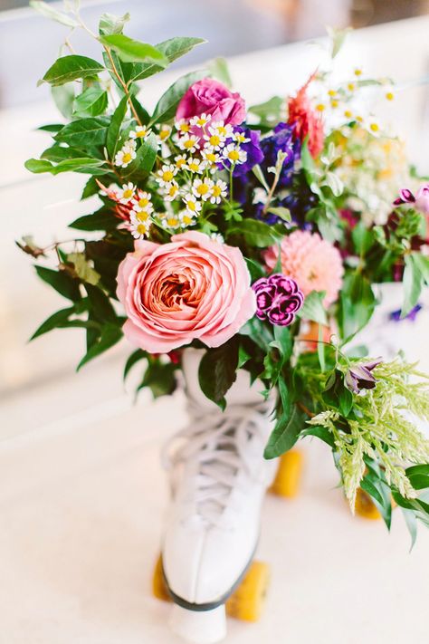 Roller Skate Centerpiece, Rollerskate Centerpiece, Roller Rink Wedding Reception, Skate Wedding, Greek Show, Floral Wedding Centerpieces, Whimsical Wedding Theme, Red Centerpieces, Colorful Invitations