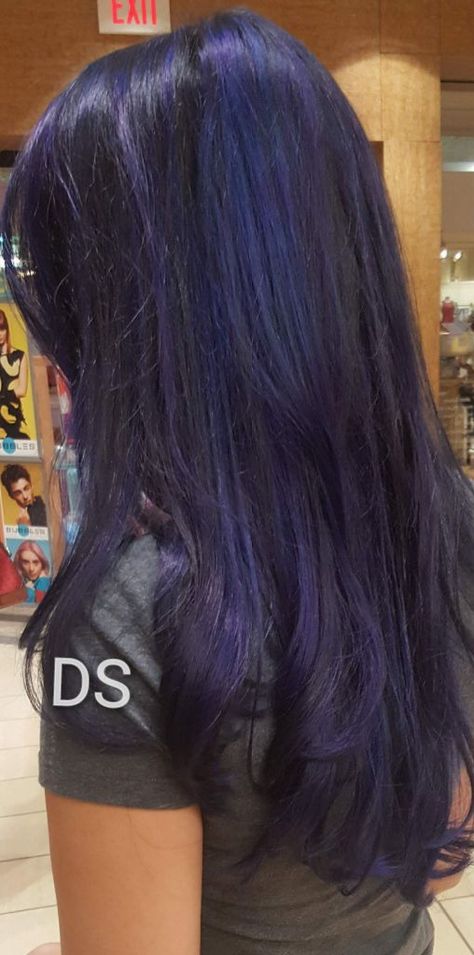 Dark Blue And Dark Purple Hair, Midnight Blue Peekaboo Hair, Unique Purple Hair, Purple Hair Blue Highlights, Purplish Blue Hair, Black Blue Purple Hair, Mid Night Blue Hair, Dark Blue Hair On Brown Skin, Blue Hair With Purple Highlights