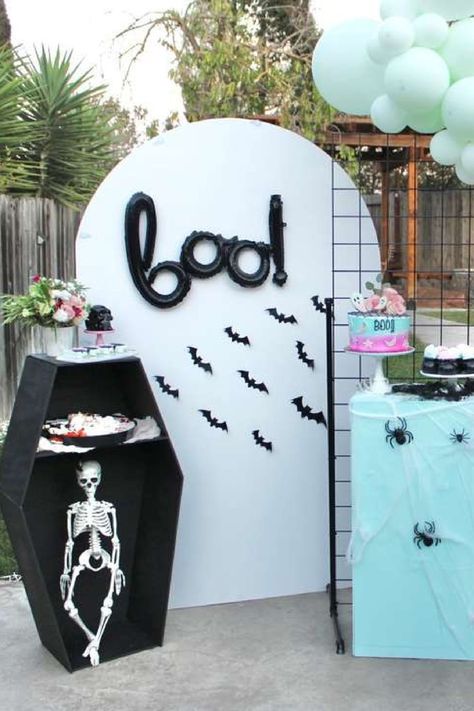 Check out this Boo-tiful Spooky Halloween party! What a fun dessert table! See more party ideas and share yours at CatchMyParty.com Chic Halloween Party Decor, Spooky One Dessert Table, Two Spooky Birthday Decor, Boo-thday Party, Spooky One Backdrop, Spooky One First Birthday Backdrop, Backyard Halloween Party, Kids Halloween Party Decorations, Halloween Dessert Table