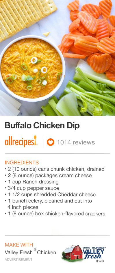 Buffalo Chicken Dip | "This tangy, creamy dip tastes just like Buffalo chicken wings. It's best served hot with crackers and celery sticks. Everyone loves the results!" East Buffalo Chicken Dip, Buffalo Chicken Dip With Celery, Buffalo Chicken Dip Quick, Df Buffalo Chicken Dip, Fancy Buffalo Chicken Dip, Buffalo Chicken Dip Allrecipes, Allrecipes Buffalo Chicken Dip, Healthy Buffalo Chicken Dip, Chicken Wing Dip