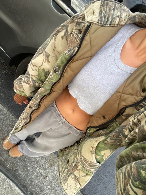 2023 Comfy Outfits, Tank Top And Sweatpants, Top And Sweatpants, Gray Tank Top, Camo Outfits, Camouflage Jacket, Fall Fit, Lazy Outfits, Gray Tank