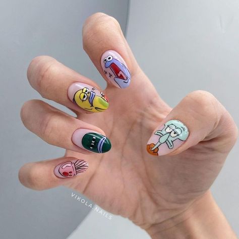 Pikachu Nails, Character Nail Art, Cartoon Nail Designs, Rounded Acrylic Nails, Character Nails, Cartoon Nail Art, Cherry Nail Art, Nail Art Stripes, Nails Fun