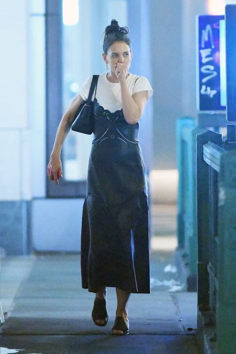 Katie Holmes In A Slip Dress Feels Like It's The '90s All Over Again Black Slip Dress Street Style, Slip Dress Shirt Outfit, Tokyo Dress Style, Summer Slip Dress Outfit, Slip Dress Outfit Street Styles, Katie Holmes 2023, Layering Dress Outfit, 90s Slip Dress Outfit, Slip Dress Fall