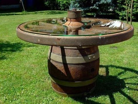 Wagon Wheel Table, Wagon Wheel Decor, Log Cabin Interior, Wine Barrel Furniture, Wheel Decor, Patio Furniture Ideas, Log Furniture, Backyard Diy Projects, Wagon Wheel