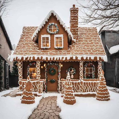 Cottage Gingerbread House Ideas, Real Life Gingerbread House Ideas, Gingerbread Real House, Real Gingerbread House Home, Make Your House A Gingerbread House, Gingerbread House With Porch, How To Make My House Look Like A Gingerbread House, Gingerbread House Home Decorations, Gingerbreadhouse Christmas Decor