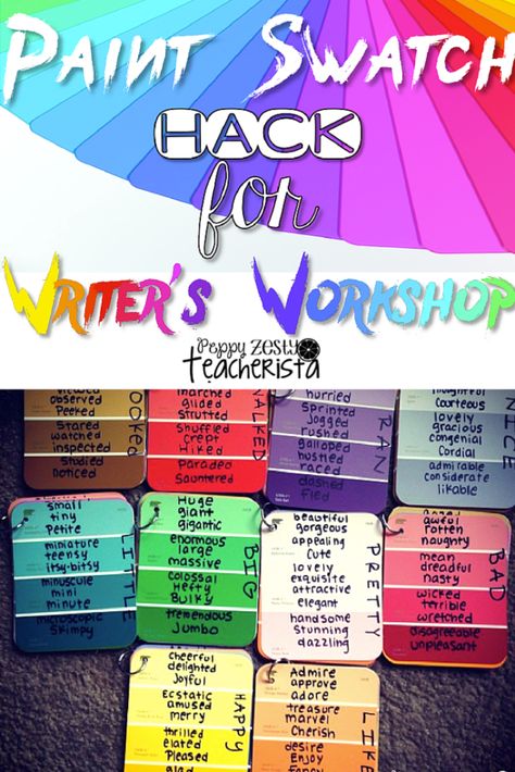 Elementary teacher needs these easy to make vocabulary paint chips for writer's workshop. This is a perfect addition for any writer's workshop folder. | writers workshop ideas| Writers Workshop Folders, Colorful Words, Teacher Needs, Sight Word Flashcards, 4th Grade Writing, Writers Workshop, Spelling Patterns, Classroom Tools, Writer's Workshop