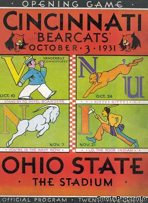 Sport Posters, Vintage Ohio State, Vintage Illustration Art, Football History, Football Icon, University Of Cincinnati, Vintage Sport, Cincinnati Bearcats, Football Program