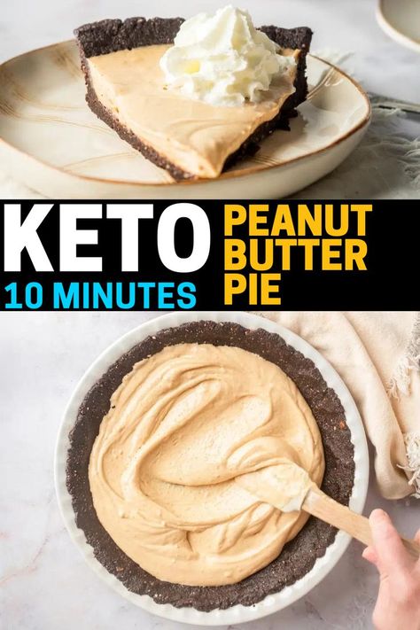 This No Bake Keto Peanut Butter Pie literally tastes like a Reese's cup in pie form. And you can make this keto pie in under 10 minutes! Low Carb Peanut Butter Pie, Keto Pies Recipes Easy, Keto Coconut Pie, Sugar Free Peanut Butter Pie, Keto Peanut Butter Dessert, Peanut Butter Pie No Bake, Keto Peanut Butter Pie, Coconut Sugar Recipes, Ketovore Recipes