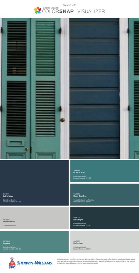 Dark Turquoise Exterior House Paint, Boathouse Exterior Colors, Dark Teal Siding, Teal House Paint Exterior, Navy House Green Door, Dark Green Blue House Exterior, Blue Green House Color Scheme, Teal Siding Exterior, Teal Blue House Exterior