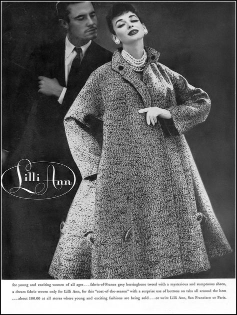 Dorian Leigh in a coat by Lilli Ann. Photo by Roger Prigent. Harper's Bazaar, February 1956. Dorian Leigh, Lilli Ann Coat, Lilli Ann, Opera Coat, Bonnie Cashin, Fashion 1950s, Vintage Fashion Photography, Maternity Skirt, Fashion Project