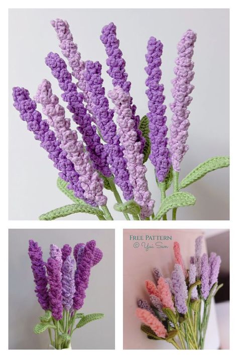 Flower Lavender Free Crochet Pattern Lavender Crochet Tutorial, Lavender Crochet Pattern, Crochet Lavender, Lavender Crochet, Crochet Plants, Puppy Flowers, Heather Flower, Crochet Gift Ideas, Flower Lavender